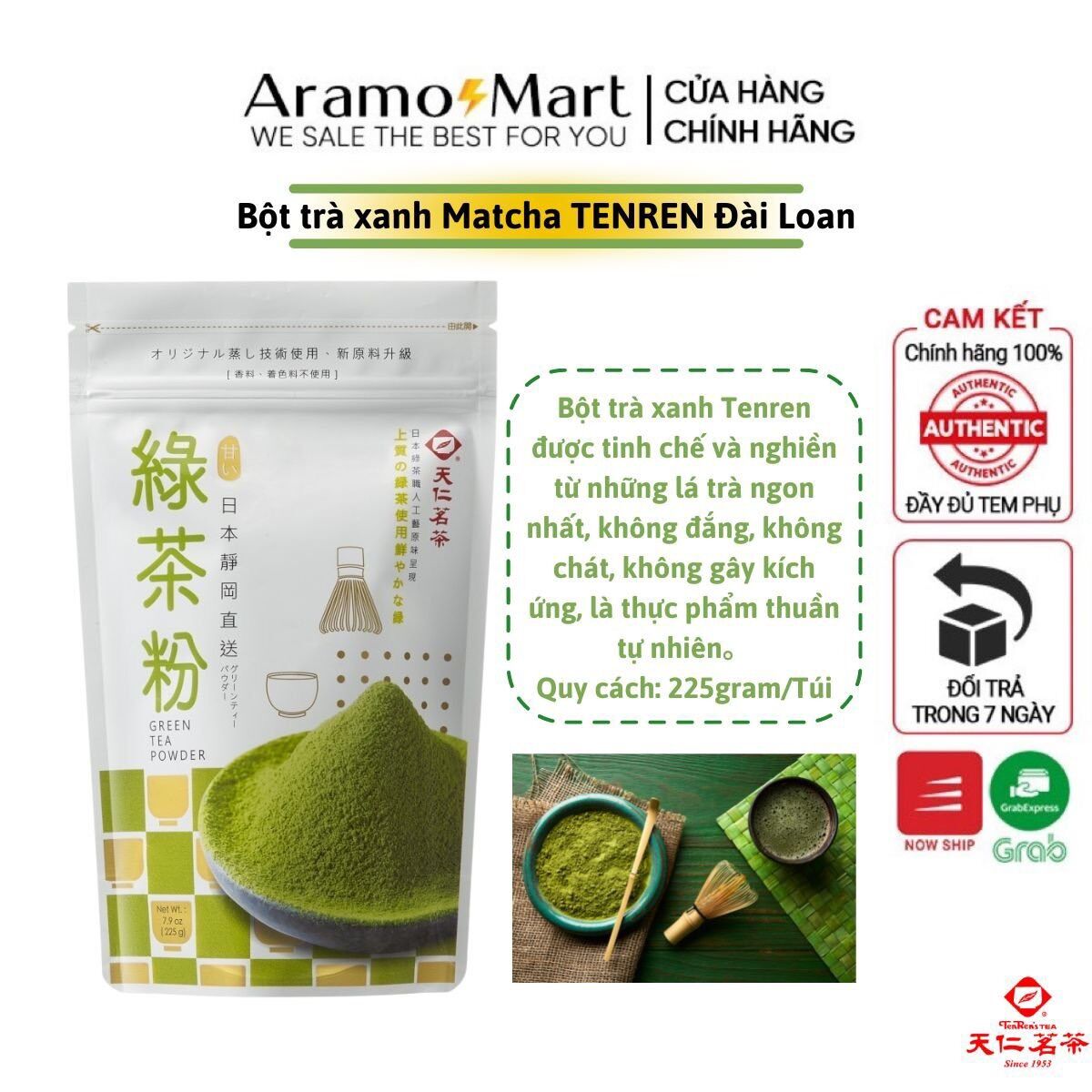 Bột trà xanh Matcha Đài Loan - Thương hiệu Tenren thơm ngon tốt cho sức khoẻ 225gram/túi