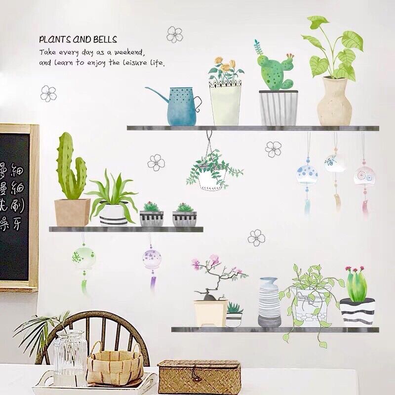 Decal dán tường xe đạp và chậu cây trên kệ