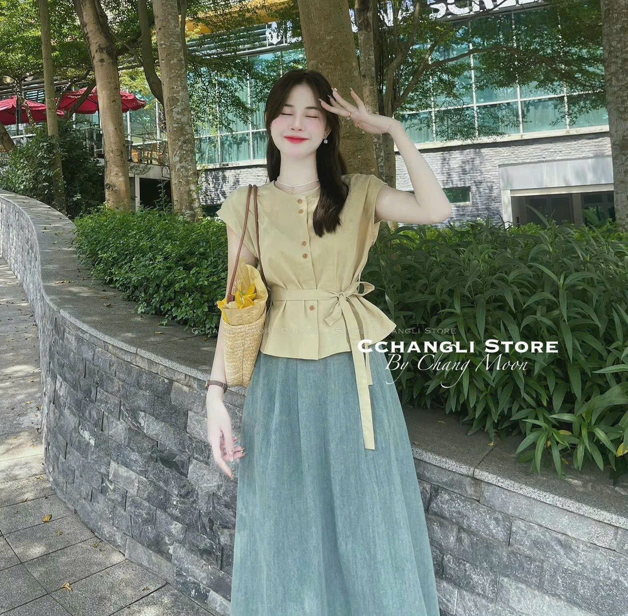 Set váy jean mềm + áo cotton lạnh thiết kế sang chảnh