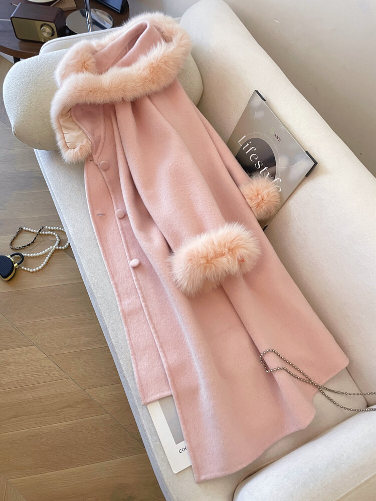 PAIBOLI | Fox Fur Collar Long Double-Faced Wool Coat Winter Giá 3,672,000 Đồng*Miễn phí vận chuyển