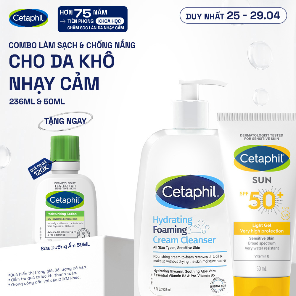 Combo Làm sạch  Chống nắng cho da khô - Sữa Rửa Mặt Tạo Bọt Cetaphil Hydrating Foaming 236ml + Gel chống nắng SPF 50+ 50ML