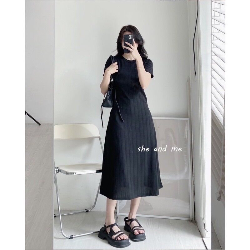 Váy thun gân cổ tròn dáng dài xoè basic - Váy thun gân basic PeaStore (Ảnh thật)