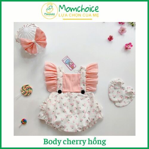 SP21 Bodysuit Cherry Hồng Cho Bé Gái [MOMCHOICE] Bộ Áo Liền Quần Cánh Tiên Hình Cherry Hồng Chất Boi Thông Hơi Phối Thô Cotton Kèm Turban & Giày Vải size Sơ Sinh - 13kg