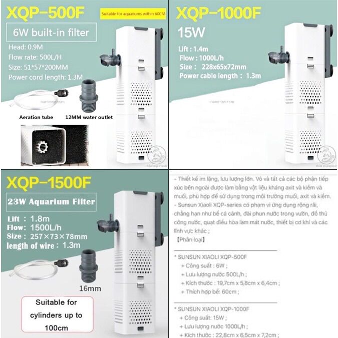 Máy lọc bể cá XQP-500F, máy lọc chìm gắn thành bể 2 bầu lọc vuông