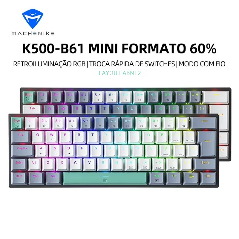 Machenike K500-B61 Mini Bàn phím cơ khí 60% abnt2 bố trí RGB đèn nền hot-swappable NKRO có dây chơi 