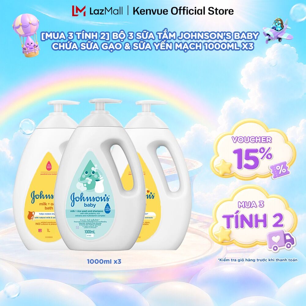 [Mua 3 tính 2] Combo 3 Sữa tắm Johnsons Baby Chứa Sữa Gạo & Yến Mạch 1000ml/chai