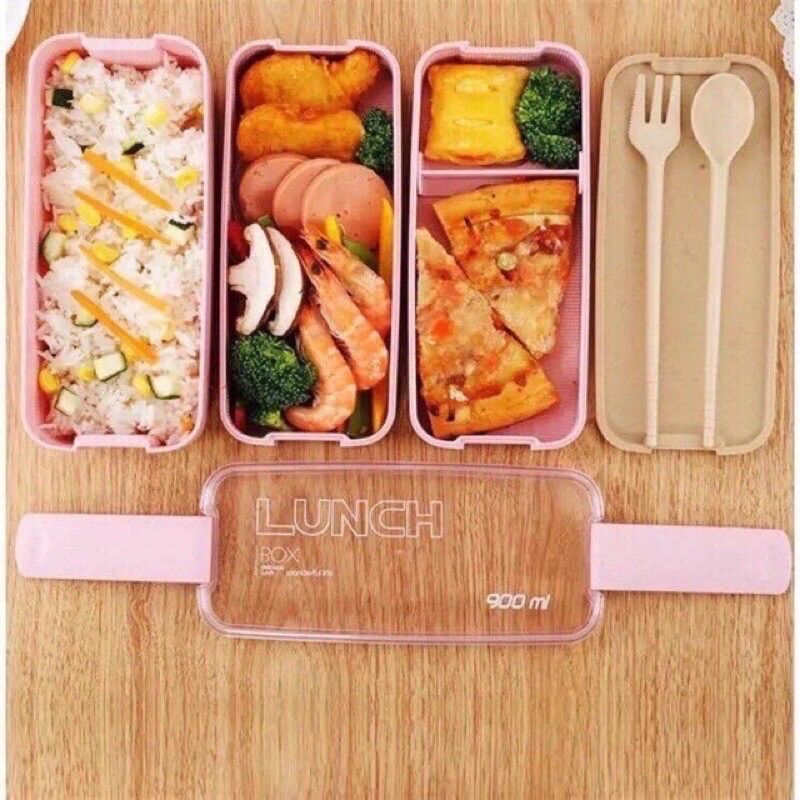 Hộp cơm 3 tầng lúa mạch kèm thìa,dĩa