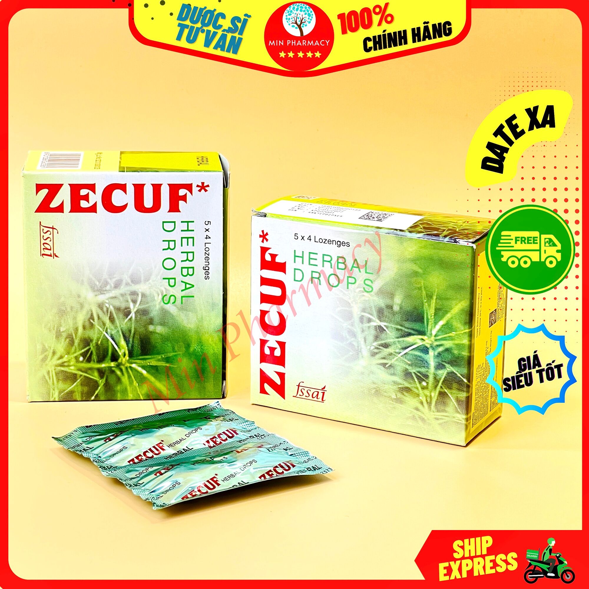 Viên ngậm giảm ho zecuf herbal drops xanh - minpharmacy