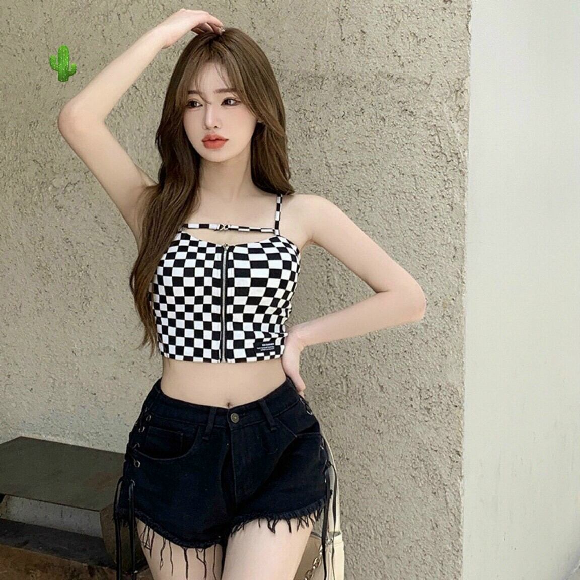 Áo hai dây sọc caro dây kéo thật