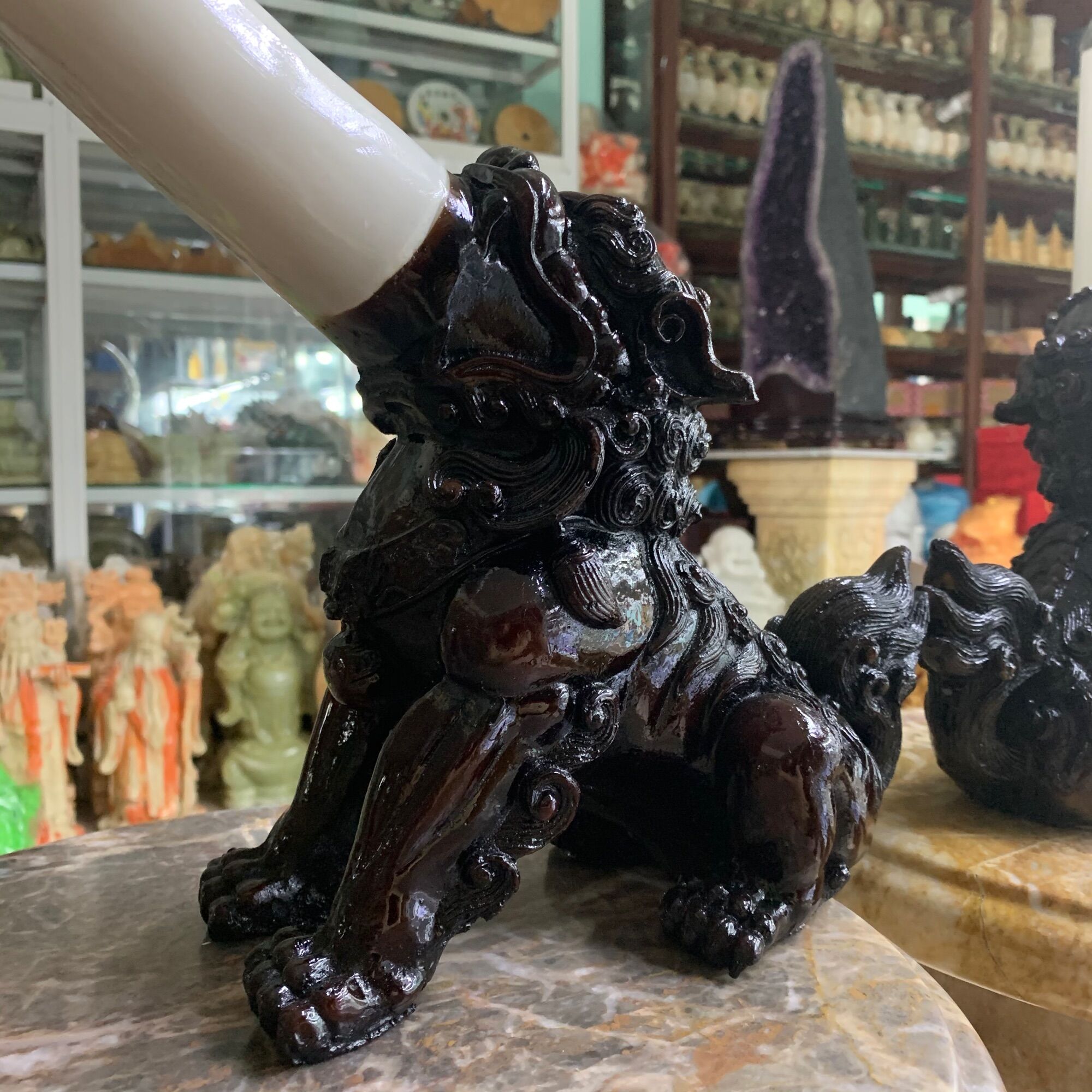 Cặp Kỳ Lân (Kì Lân) Ngậm Ngà Đá Đúc Phong Thuỷ, Sang Trọng, May Mắn, Tài Lộc Đặt Phòng Khách, Bàn Làm Việc - cao 63.5cm