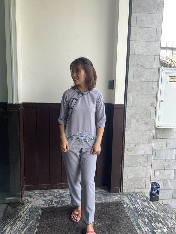 Bộ nữ đi chùa vải kate viền đôi