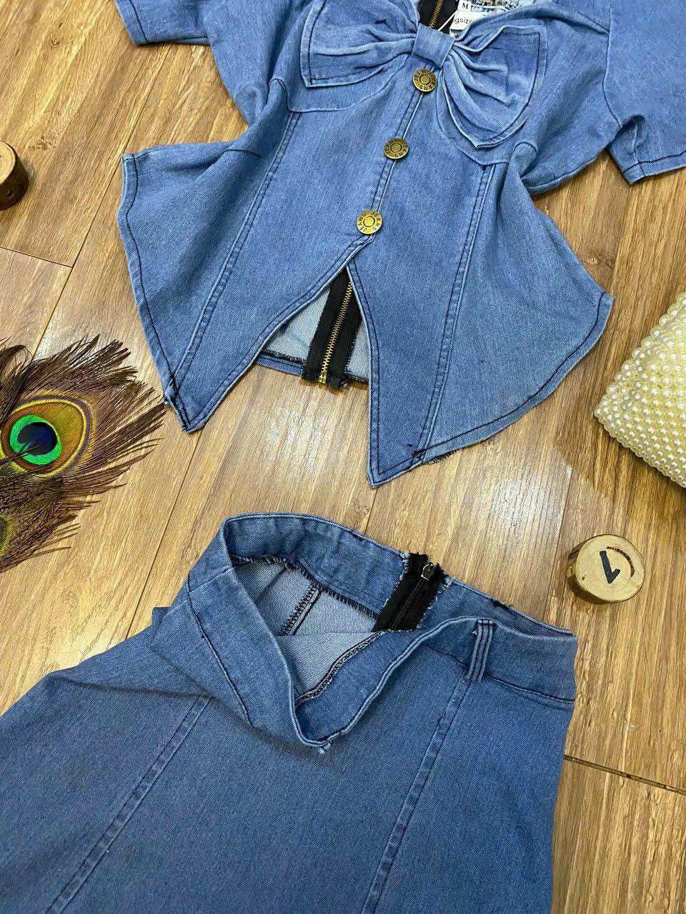 (SHOP TÁO ĐỎ BIGSIZE 50KG ĐẾN 90KG) set jean áo nơ chân váy dài