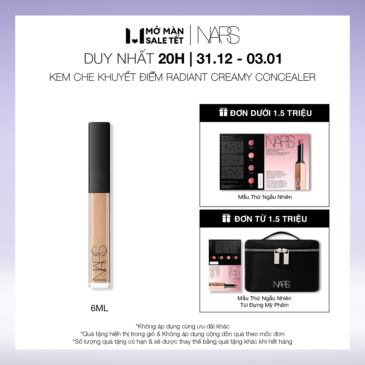 20H 31.12-03.01 MUA LÀ CÓ QUÀ Kem che khuyết điểm NARS Radiant Creamy Concealer 6ml