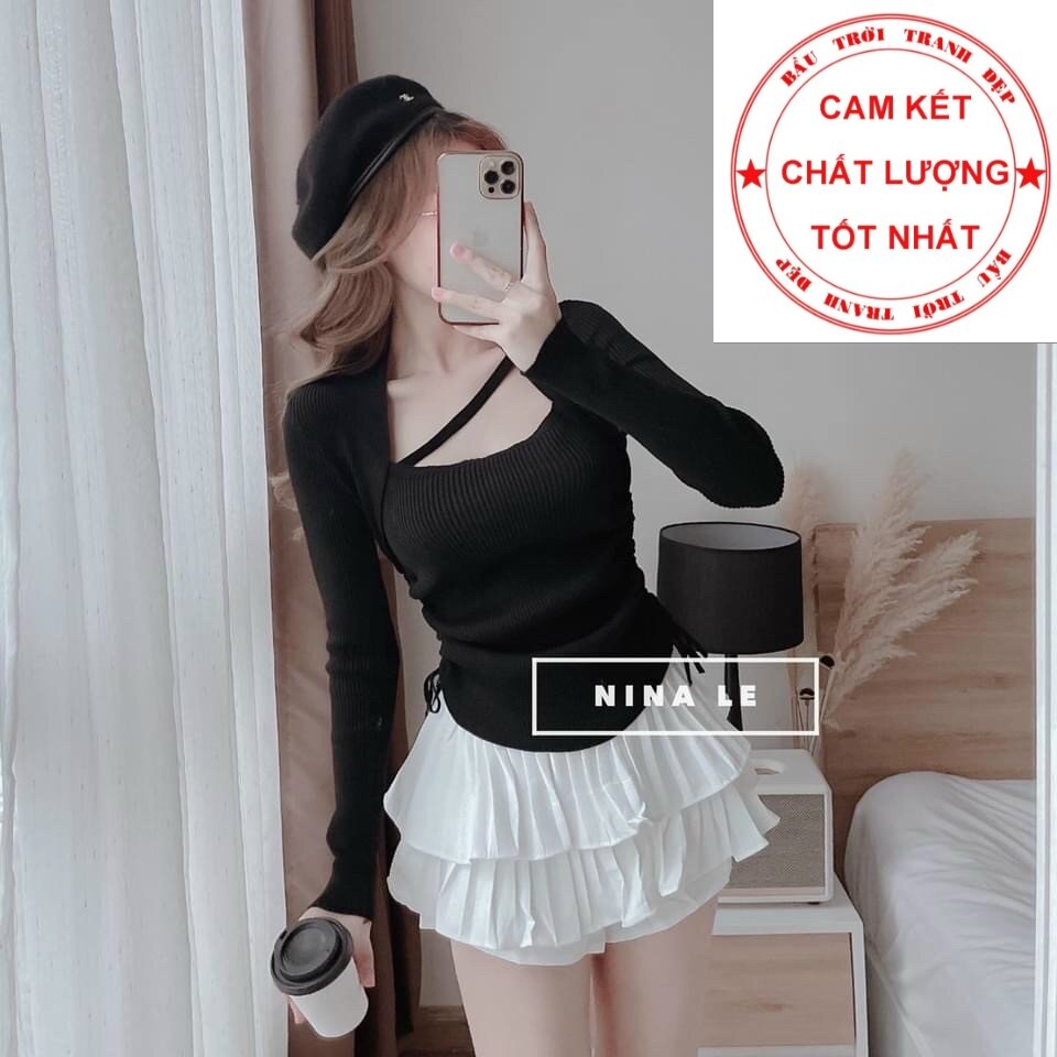 Áo len gân dây chéo cổ, áo kiểu nữ, phụng hoàng