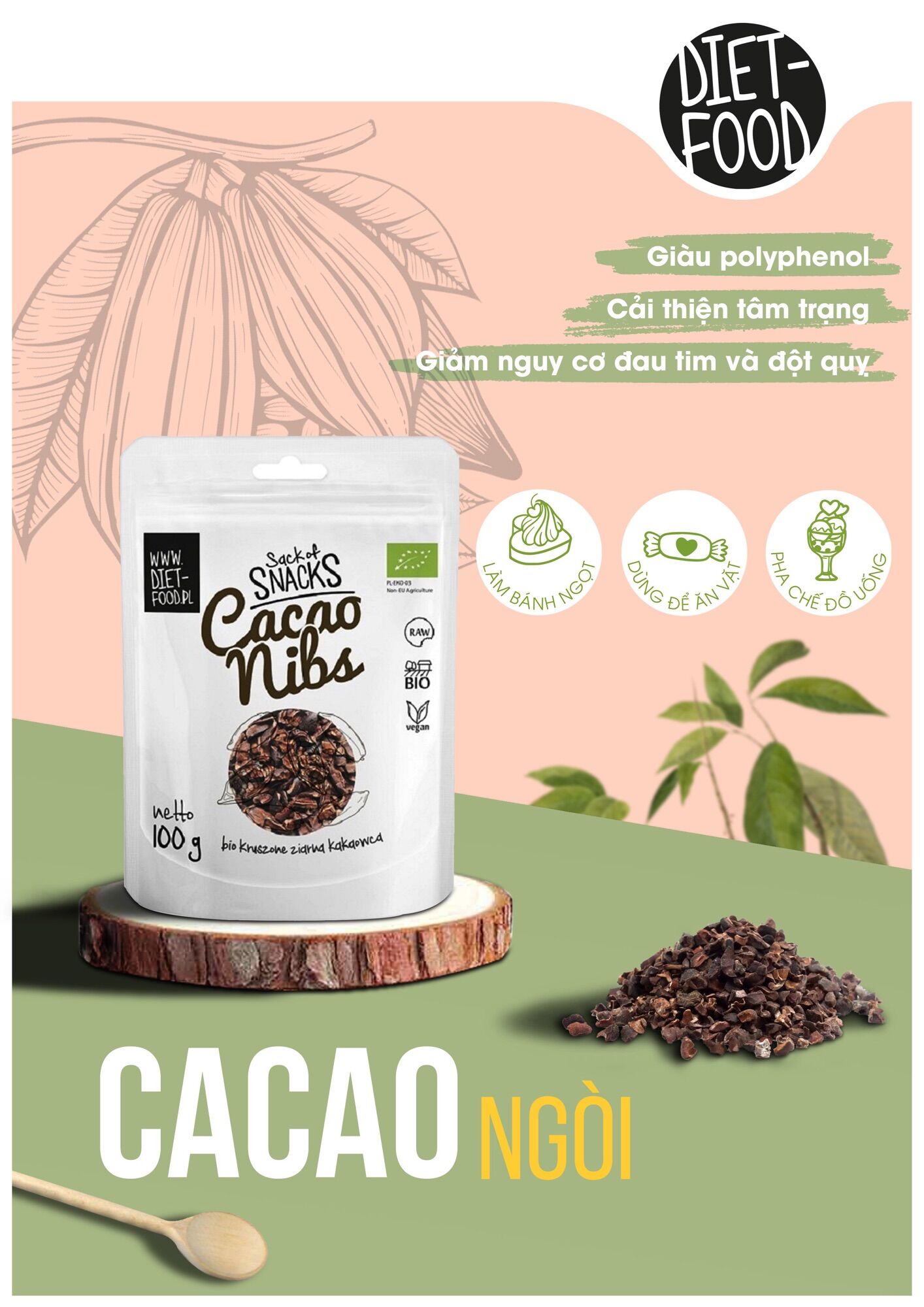 Hạt ca cao ngòi hữu cơ - cacao nibs dietfood 100g