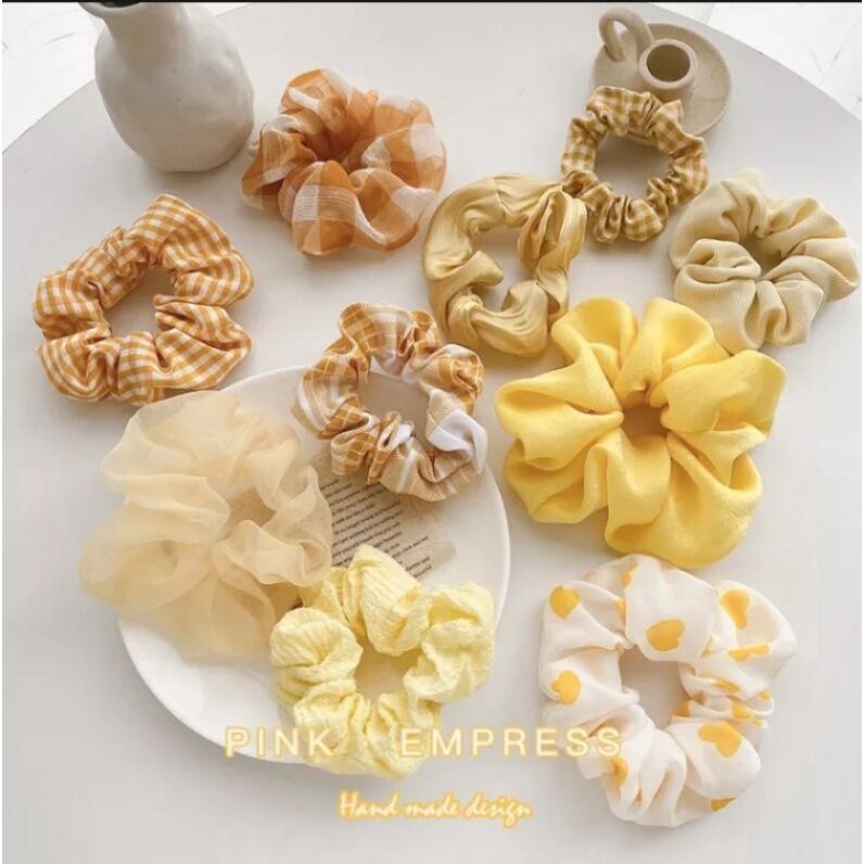 Set 10 cột tóc nữ scrunchies tone vàng cá tính