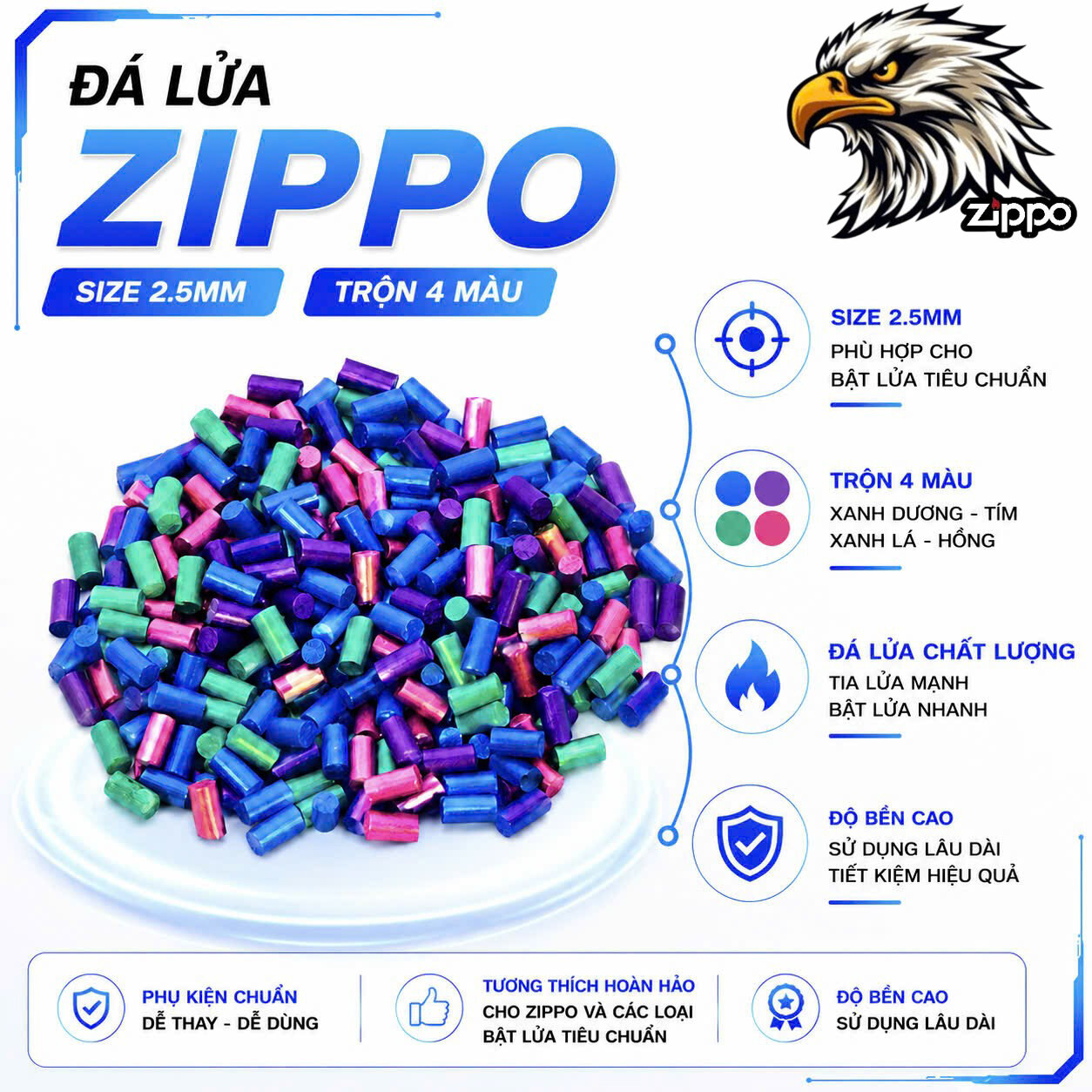 10gr đá lửa trộn 4 màu 2.5mm siêu mềm không hại bánh xe bật lửa Zippo