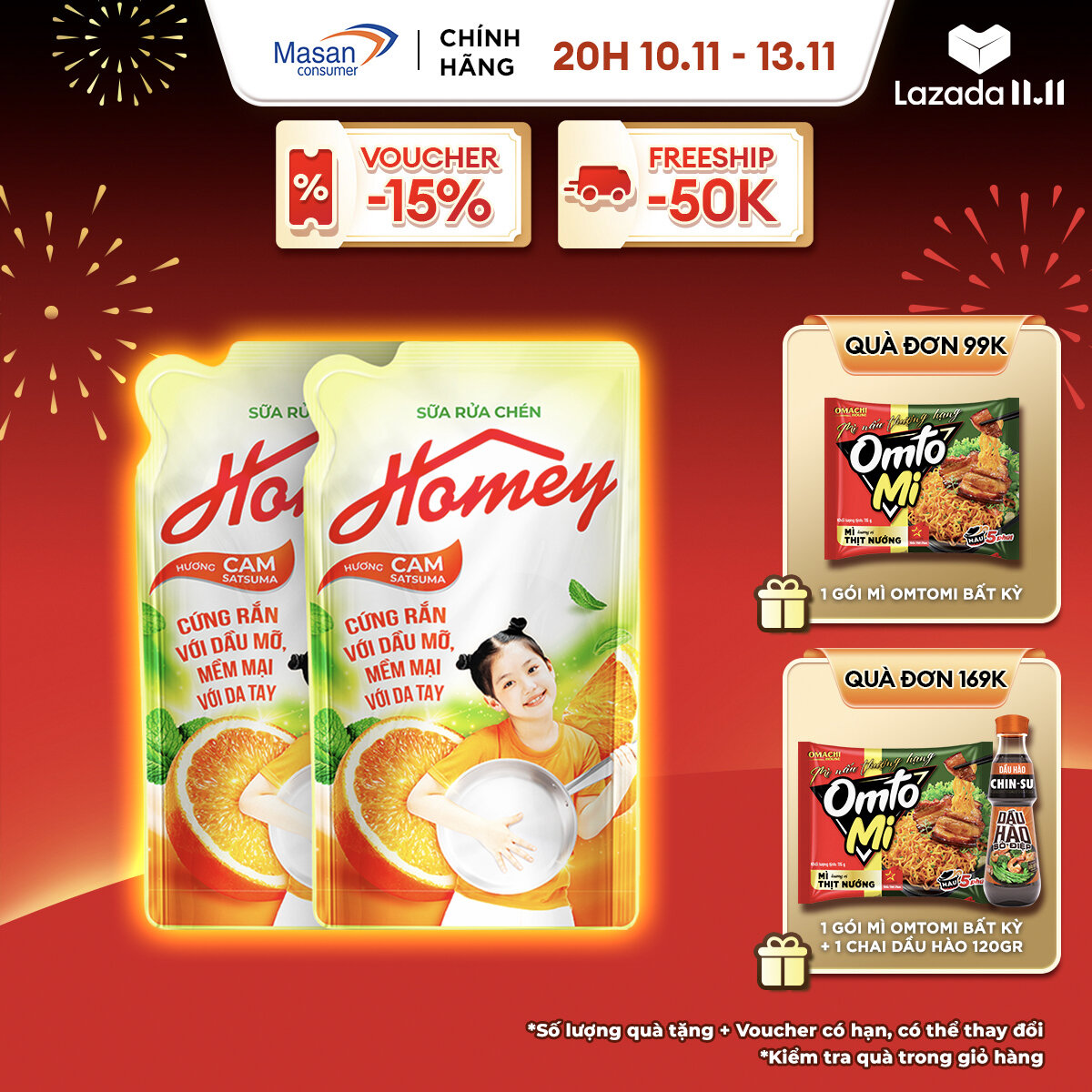 Combo 2 Sữa rửa chén Homey hương Cam Satsuma Túi 950gr