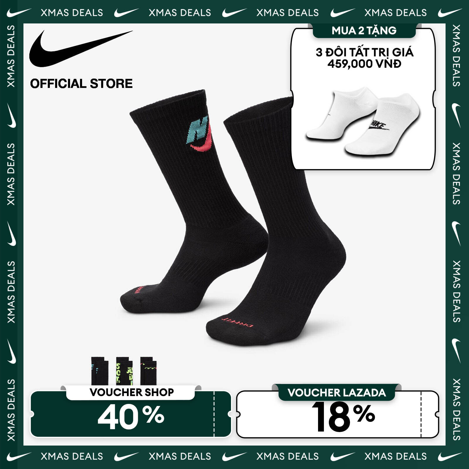   VOUCHER 40% + MUA 2 TẶNG VỚ  Tất Cổ Cao Nike Everyday Plus Cushioned Crew Socks  3 Pairs  - Multi-Color 