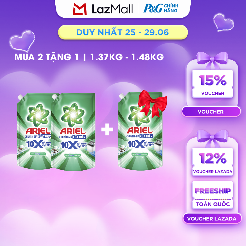 [MUA 2 TẶNG 1] Combo 3 Nước Giặt Gel ARIEL 10X Sức Mạnh Giặt Sạch Chuyên Gia Cửa Trước-Cửa Trên Hương Downy Nắng Sớm Túi1.37KG/1.48KG