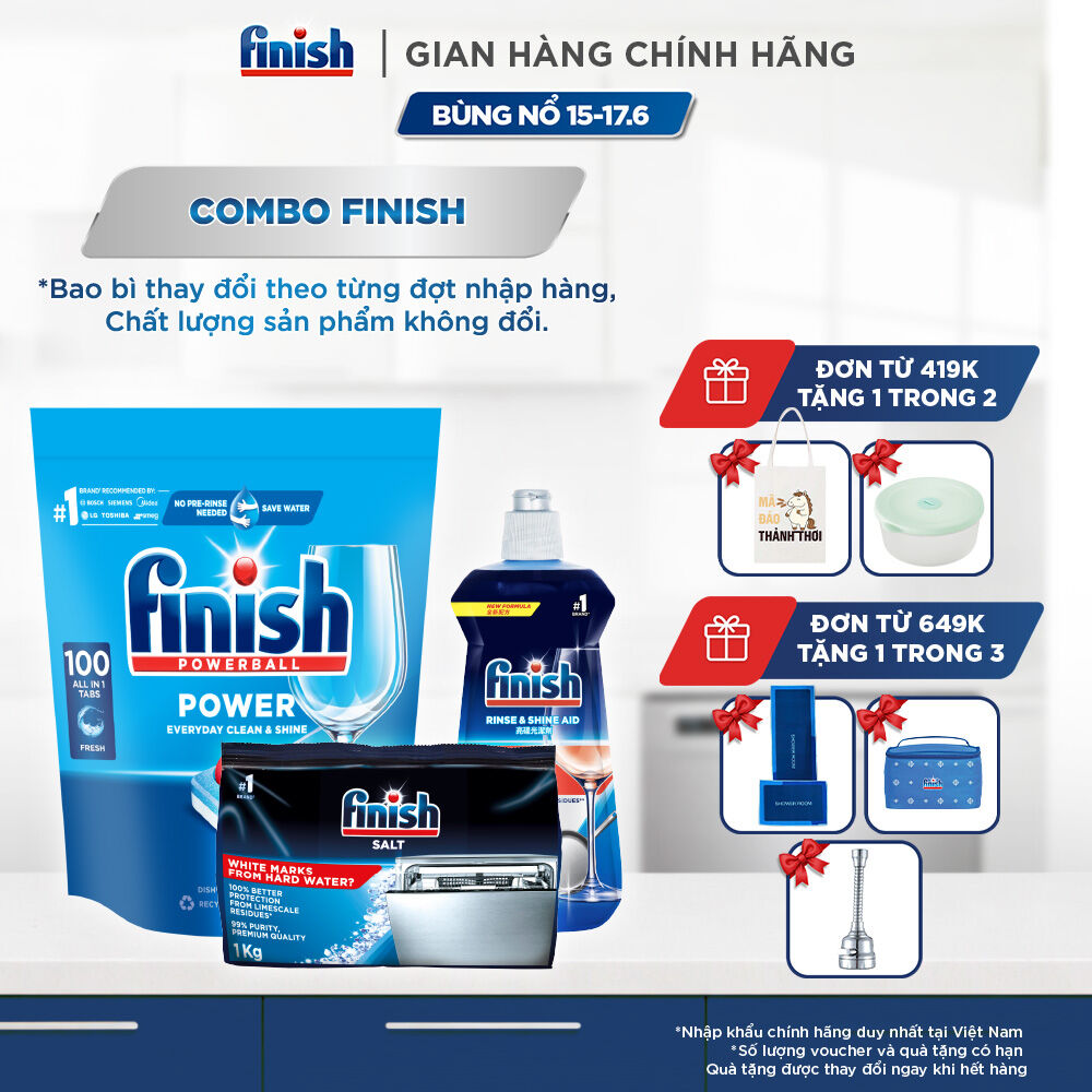 Combo Finish siêu cấp: Hộp 100 Viên Rửa Bát Finish Everyday Clean  Shine + Nước Làm Bóng Finish 500ml + Muối Rửa Chén Finish Salt