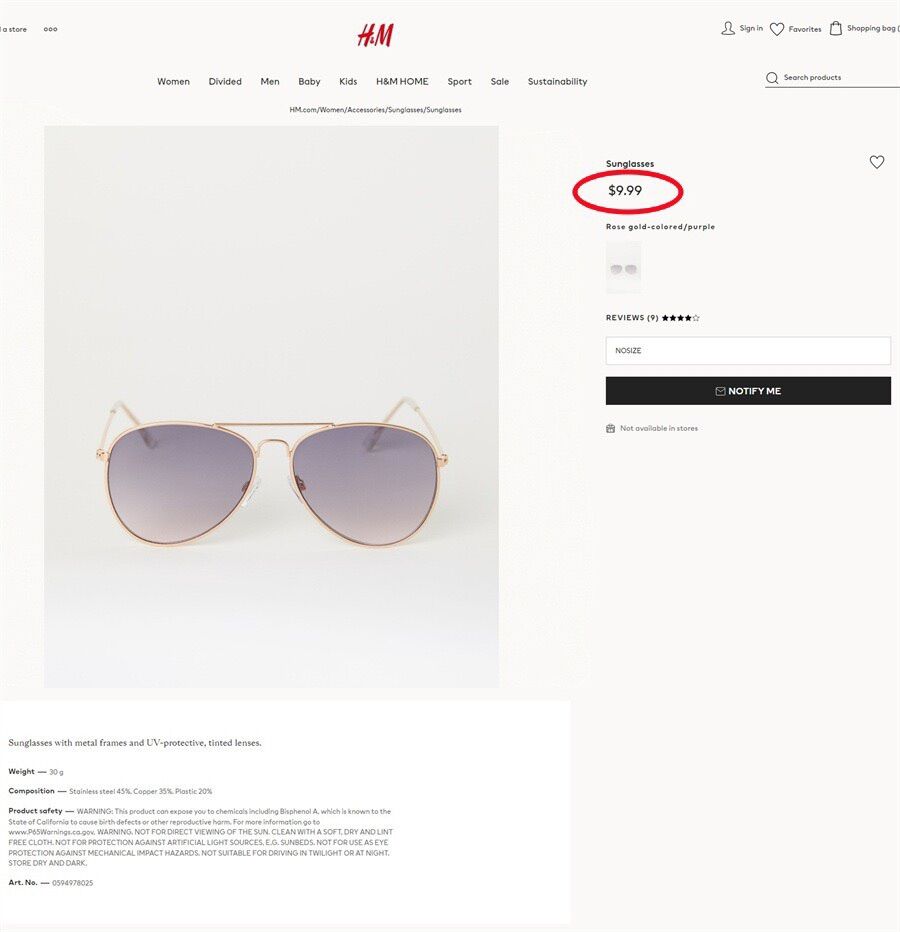 [SALE]Kính Mát Gọng Kim Loại H&M XK