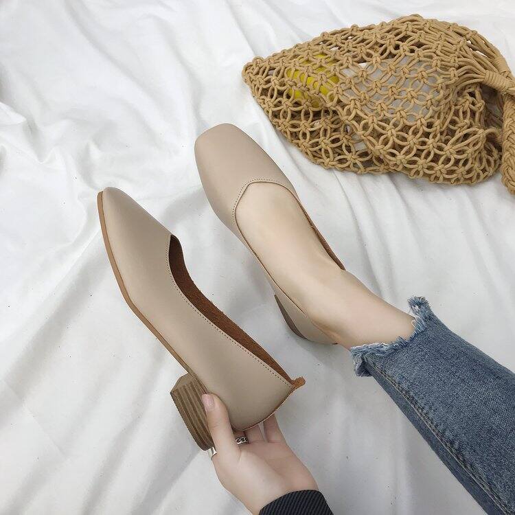 Giày Một Lớp Giày Grandma Cổ Điển Đầu Vuông Gót Vuông Gót Vuông Phong Cách