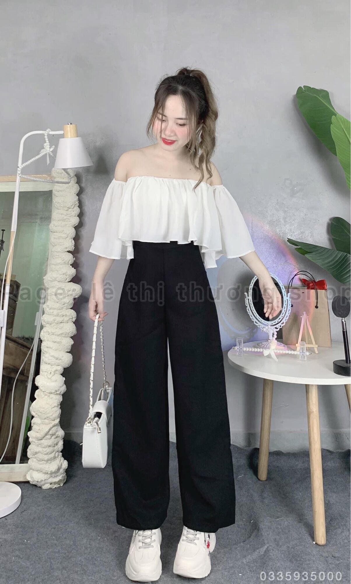 Set quần suông + áo rớt vai bèo
