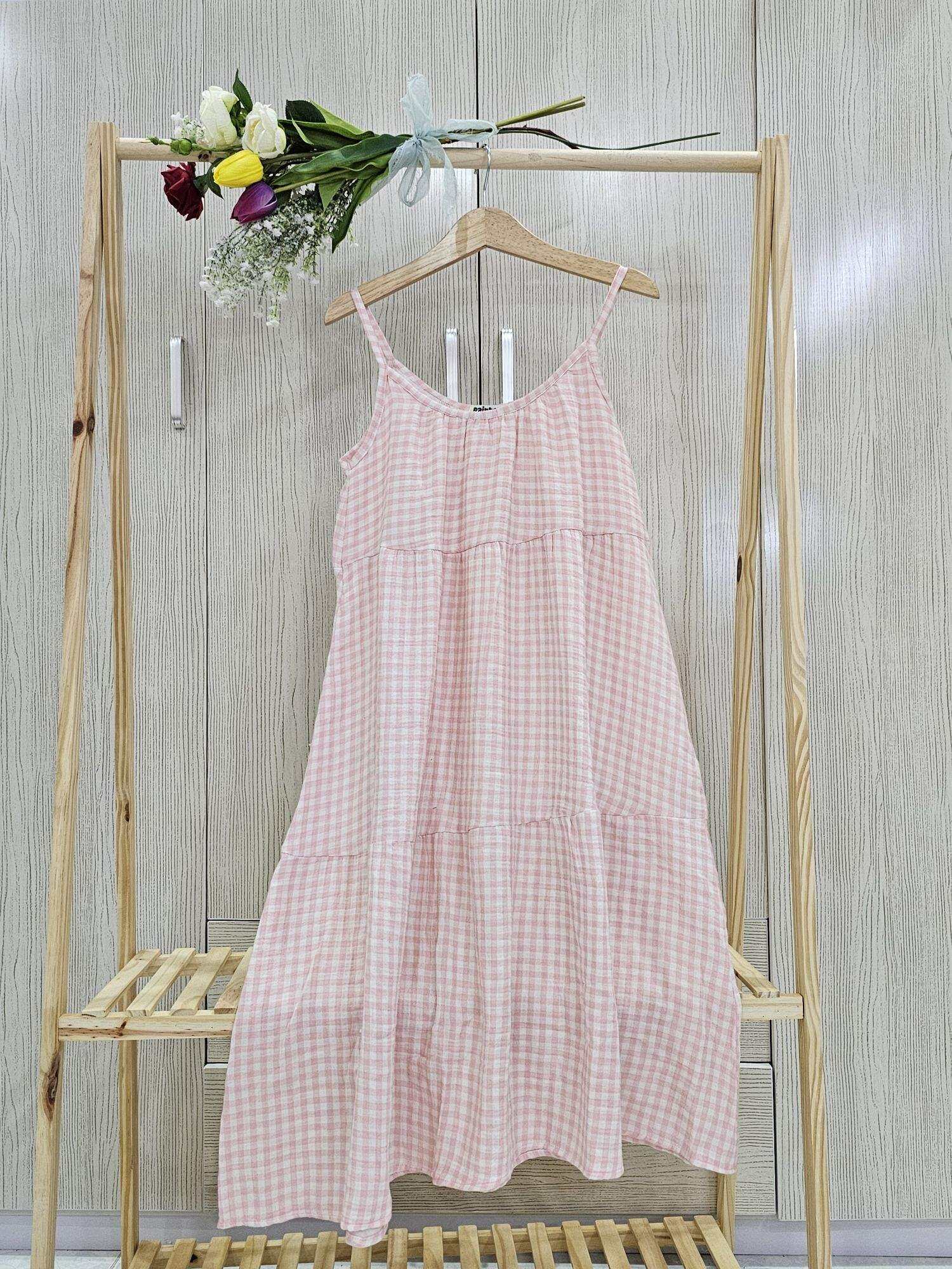 Đầm hai dây xô muslin 100% cotton caro hồng