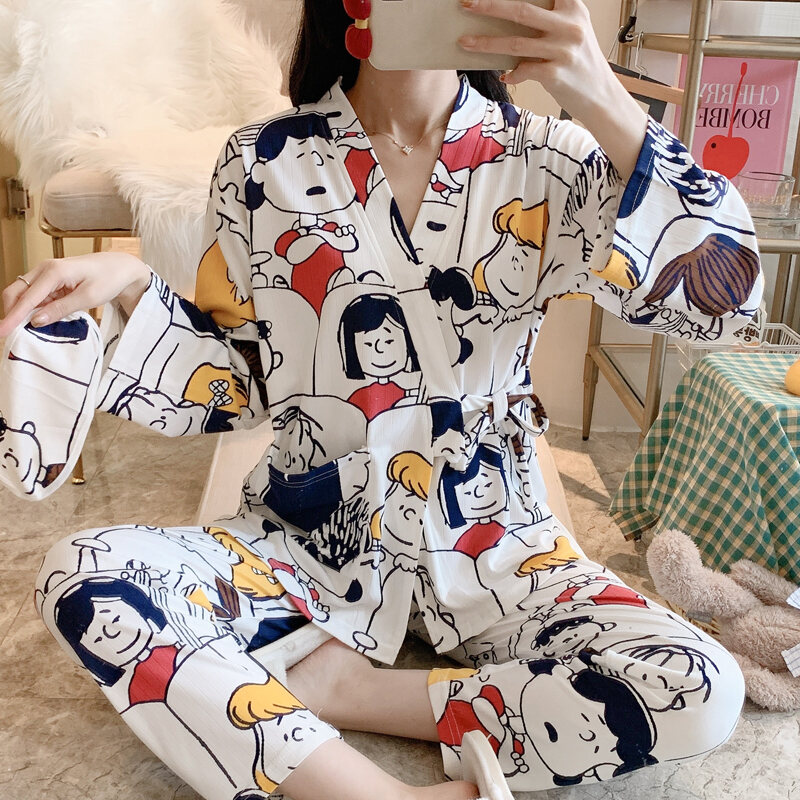 Kimono Nhật Bản Bộ Đồ Ngủ Dài Tay 2021 Cotton Mùa Xuân Thu Bộ Đồ Mặc Nhà Thường Ngày Học Sinh Đáng Yêu Mẫu Mới Cho Nữ