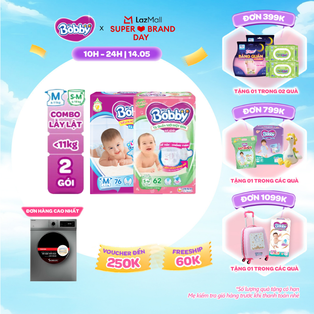 [SALE GIỮA THÁNG tặng QUÀ TO-SLCH][TẶNG MIẾNG NGẪU NHIÊN] Combo lẫy lật gồm 01 gói Tã dán Bobby M76 miếng và  01 gói Tã quần mở một bên S-M 62 miếng