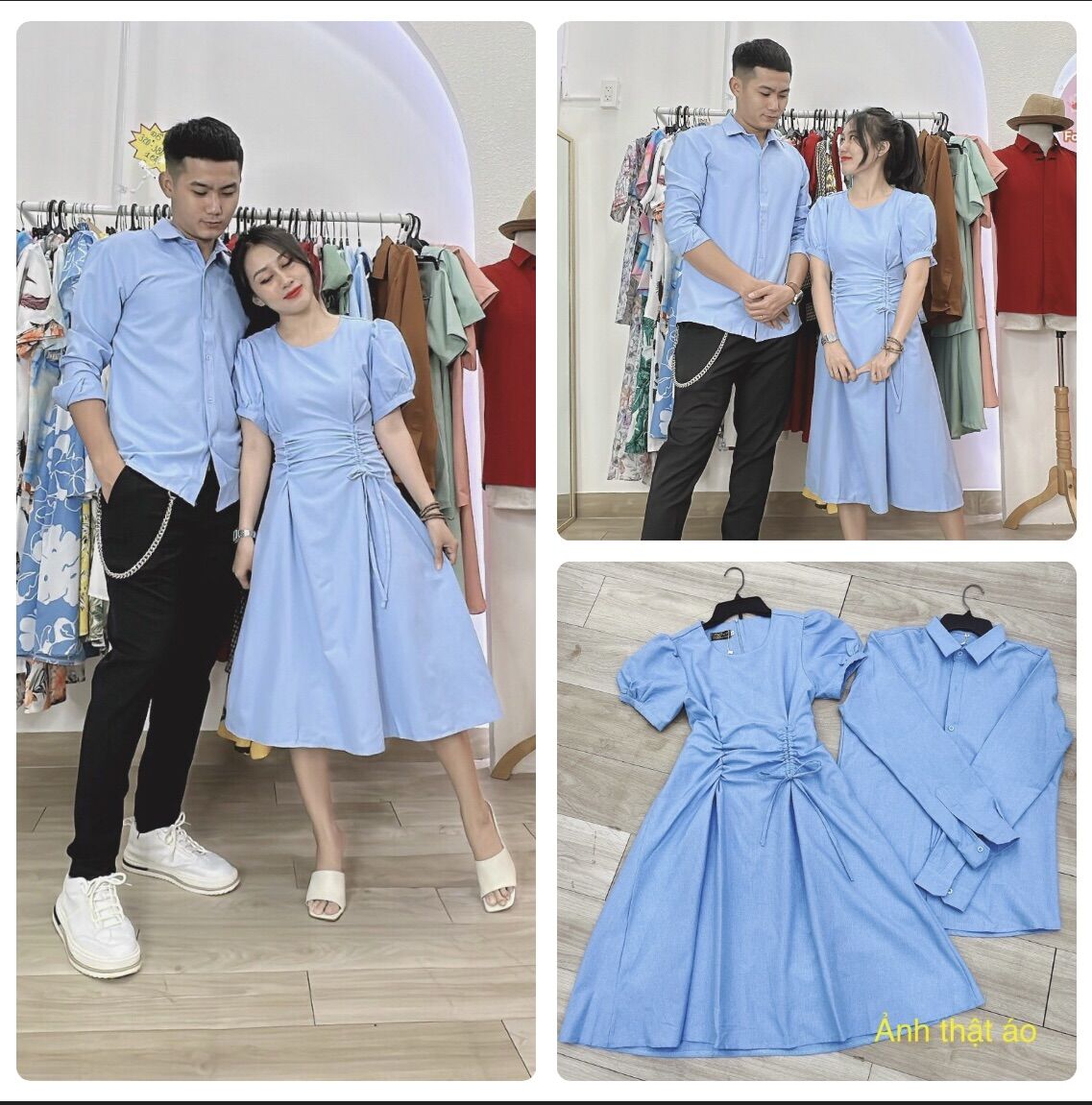 Đầm đôi nam nữ màu xanh trơn, form xoè, rút dây phần eo