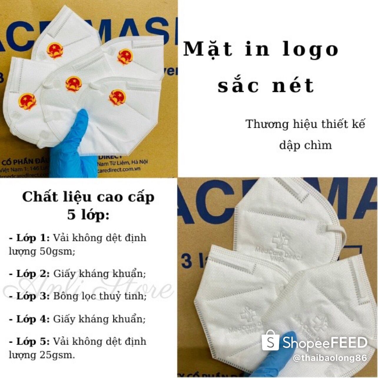 Khẩu trang y tế n95 logo quốc huy- medcare diẻct. combo 10 chiếc