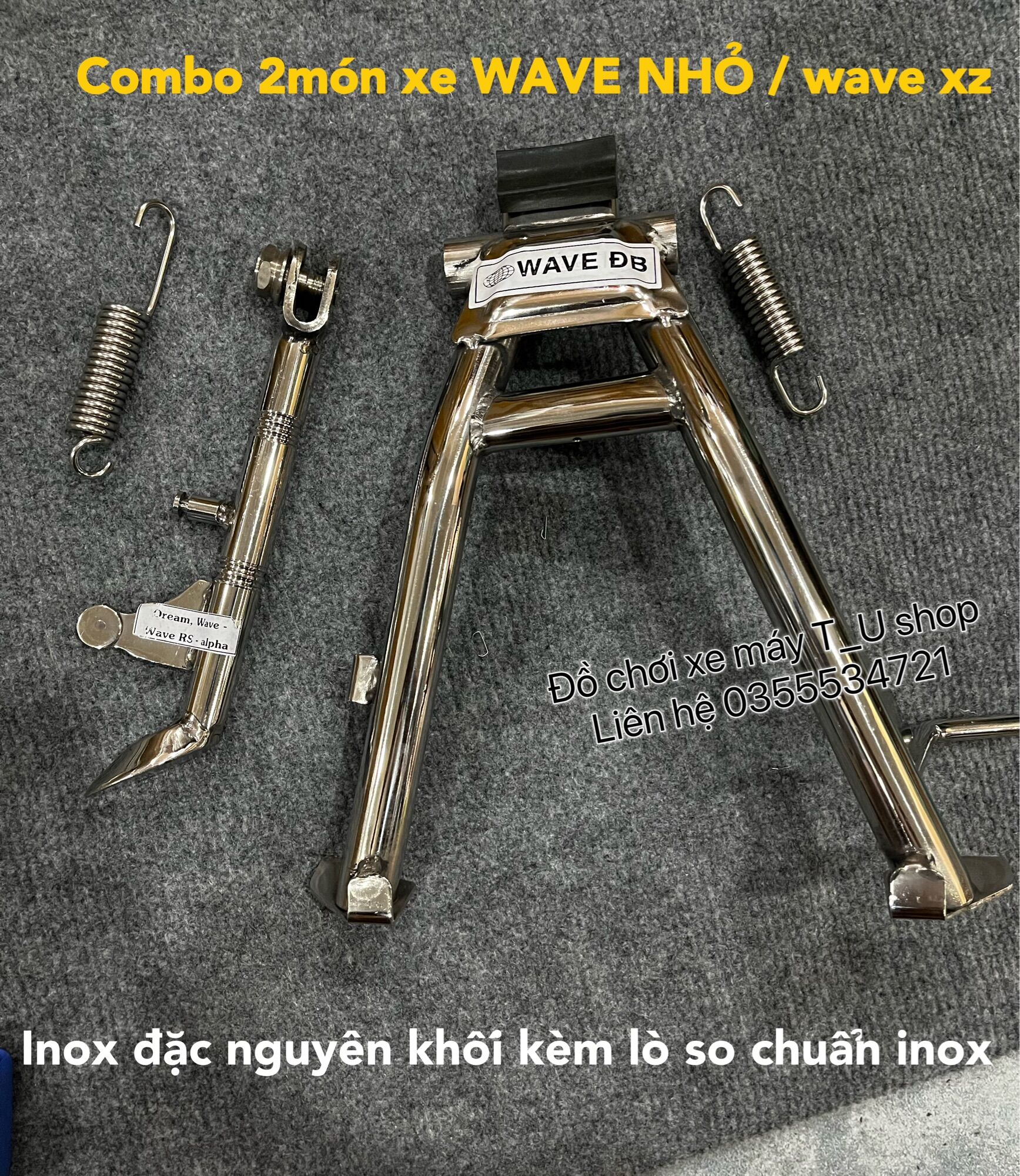 Combo chống đứng,chống nghiêng inox dành cho xe wave cũ/dream/rs/sirius/exciter inox 304 đặc nguyên khối nặng 2kí3