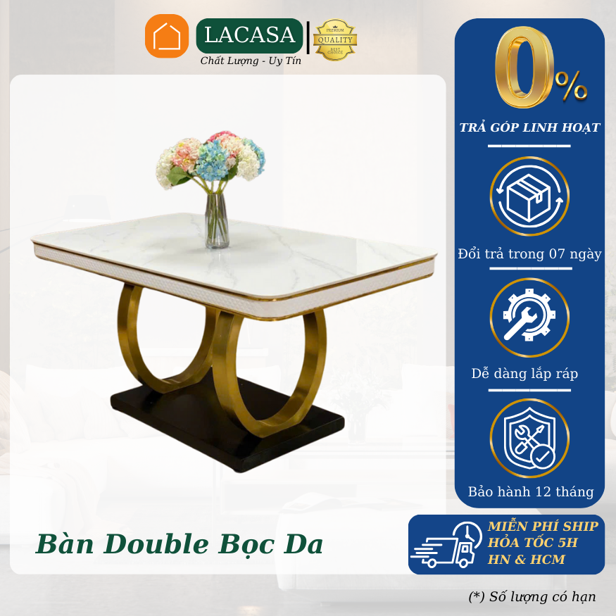 Bàn ăn double q bọc da lacasa, chân mạ pvd. nhập khẩu cao cấp hiện đại, căn hộ chung cư nhà phố