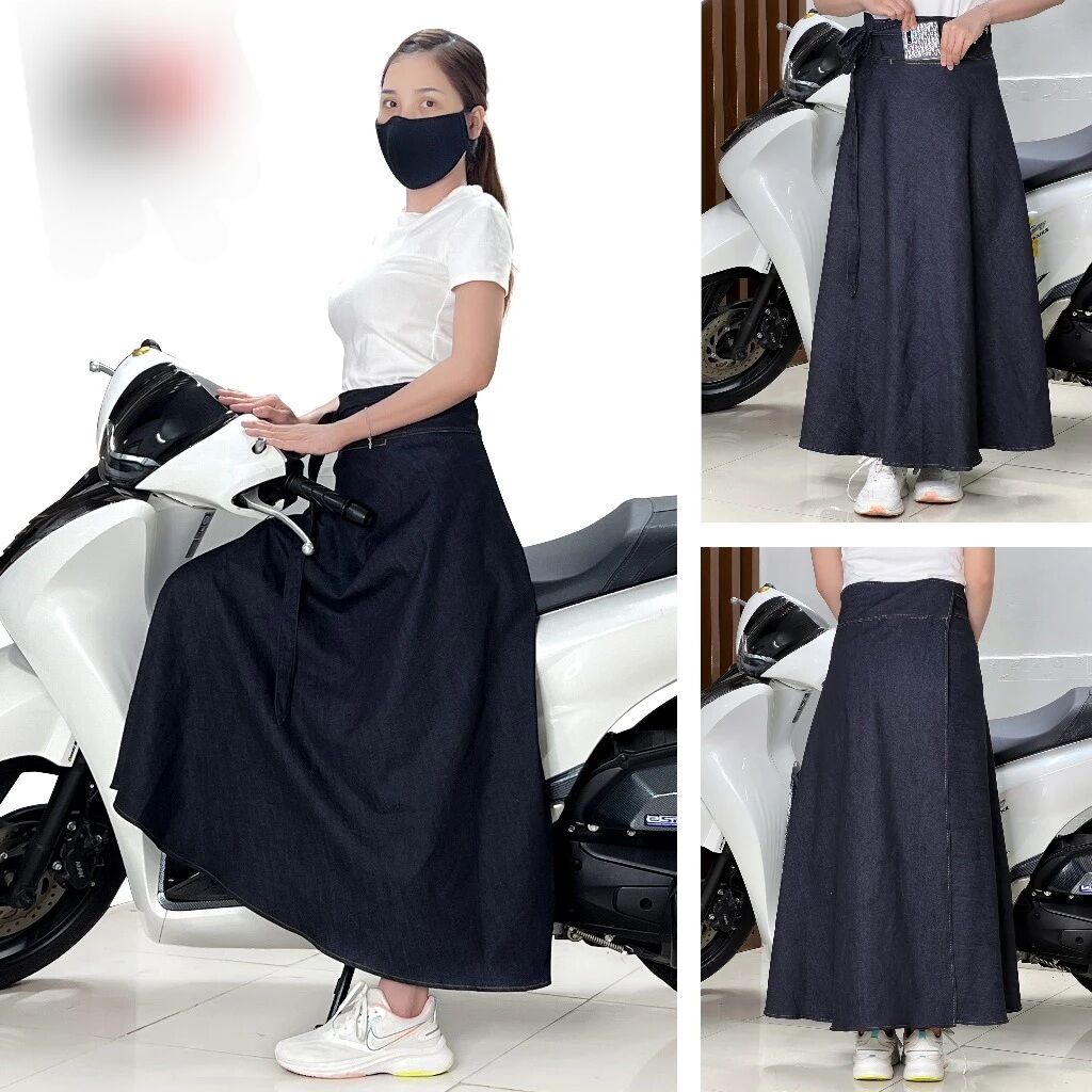 Váy chống nắng jean trơn cột dây eo bao nhiêu củng vừa tà rộng 140 cm