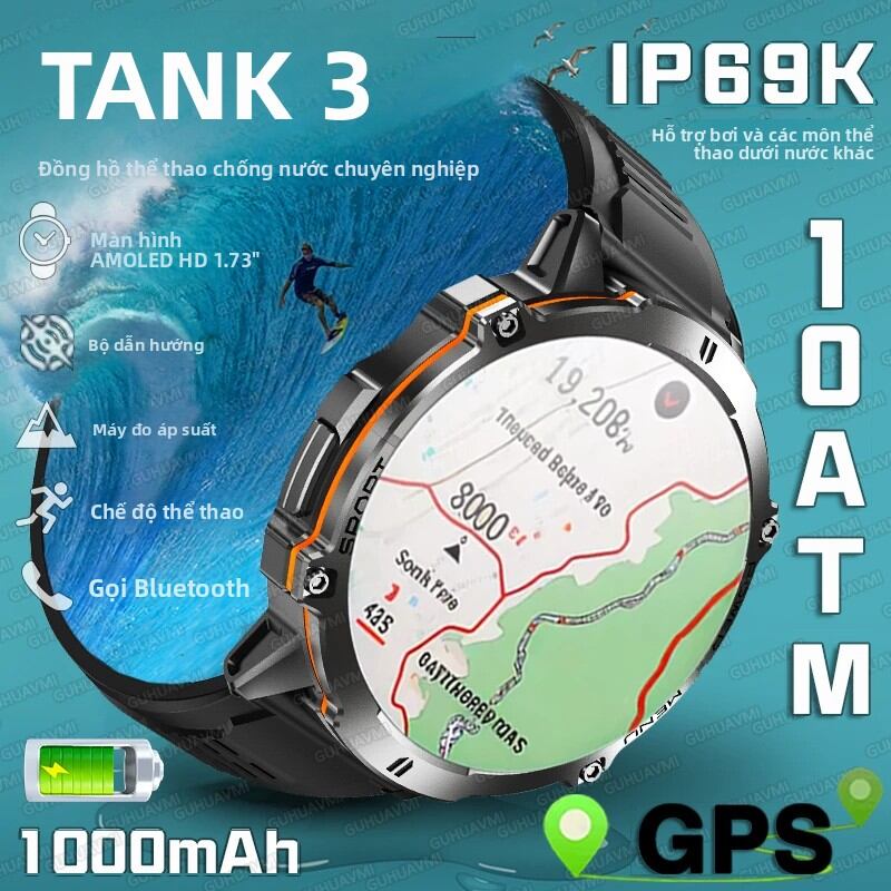 Đồng Hồ Thông Minh Nam TANK 3, Pin 1000mAh, Chống Nước IP69K & 10ATM, GPS, La Bàn, Máy Đo Độ Cao, Màn Hình AMOLED, Thiết Bị Theo Dõi Thể Thao Ngoài Trời