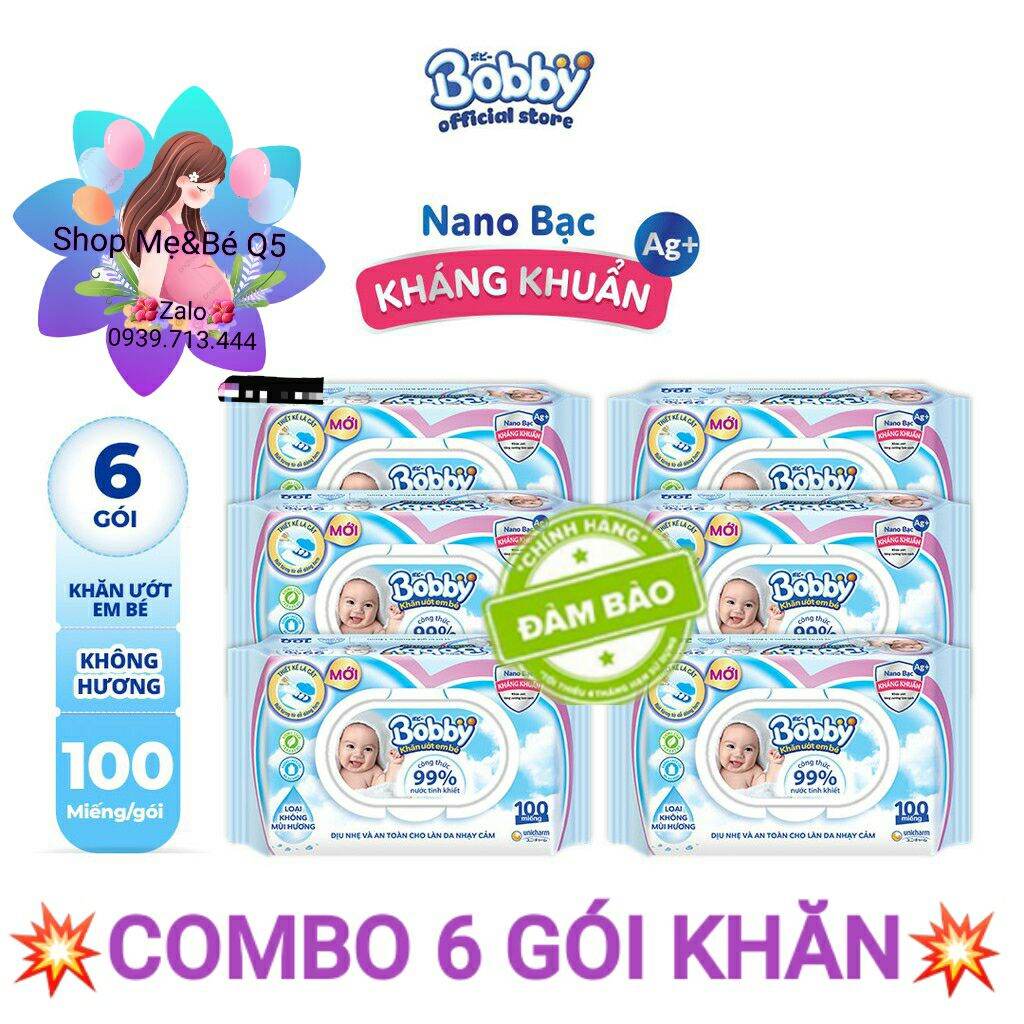 💥combo 6 gói khăn bobby 100 tờ loại không mùi màu xanh