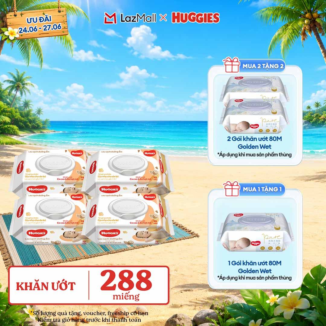 [Chỉ 25-29.06 GIẢM THÊM 90K] Combo 4 gói Khăn giấy ướt cho trẻ sơ sinh HUGGIES (Gói 72 tờ)-Chiết xuất Cao cao  Bơ hạt mỡ
