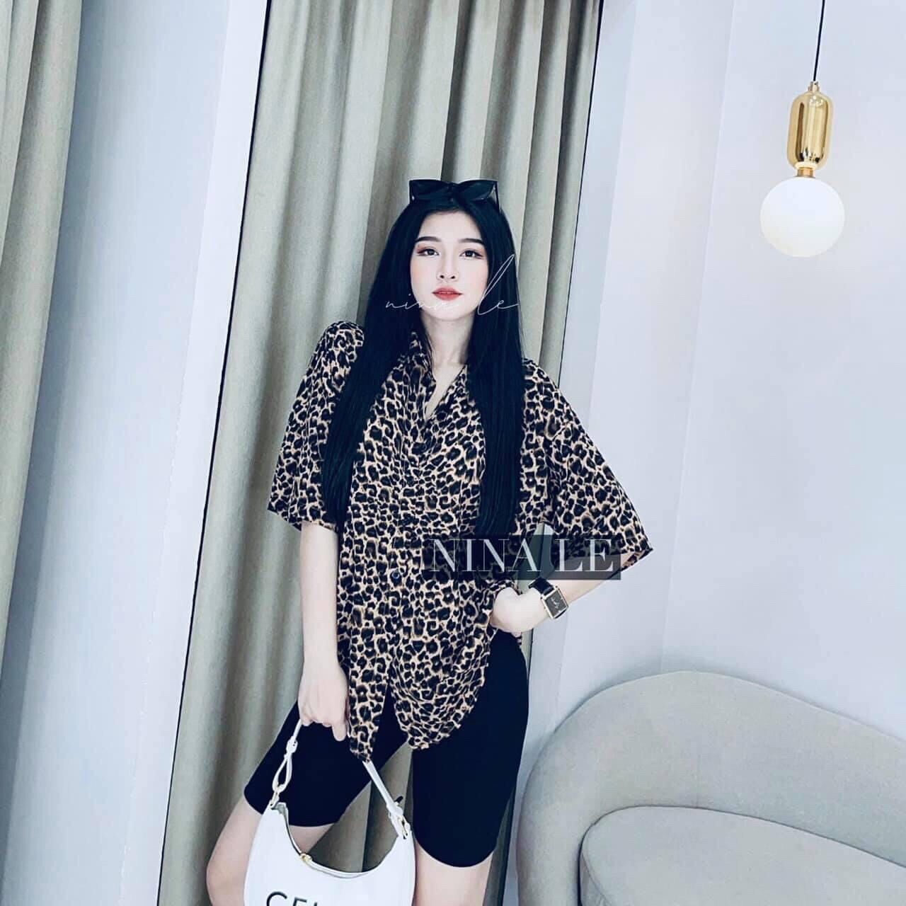 Set áo sơmi beo kèm short legging ngố ( ảnh thật chụp sàn )