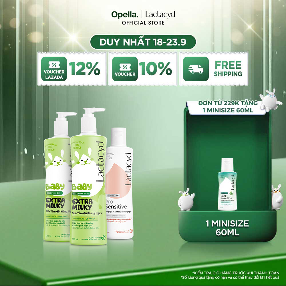 Bộ 2 Sữa Tắm Gội Trẻ Em Lactacyd Baby Extra Milky 500ml + 1 Dung Dịch Vệ Sinh Pro Sensitive 250ml