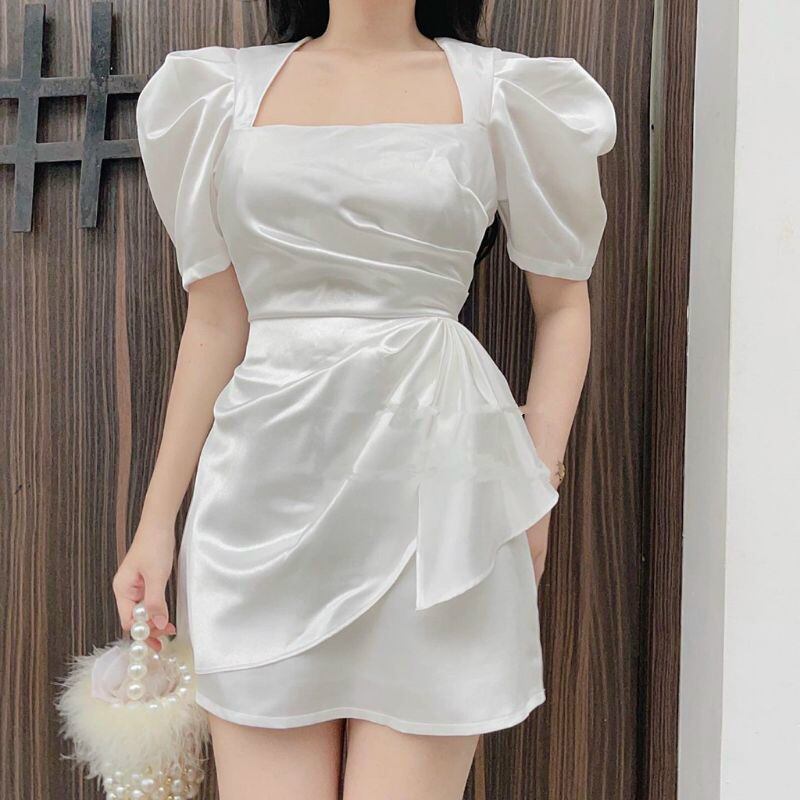 Đầm dự tiệc ngắn xoắn eo tay phồng