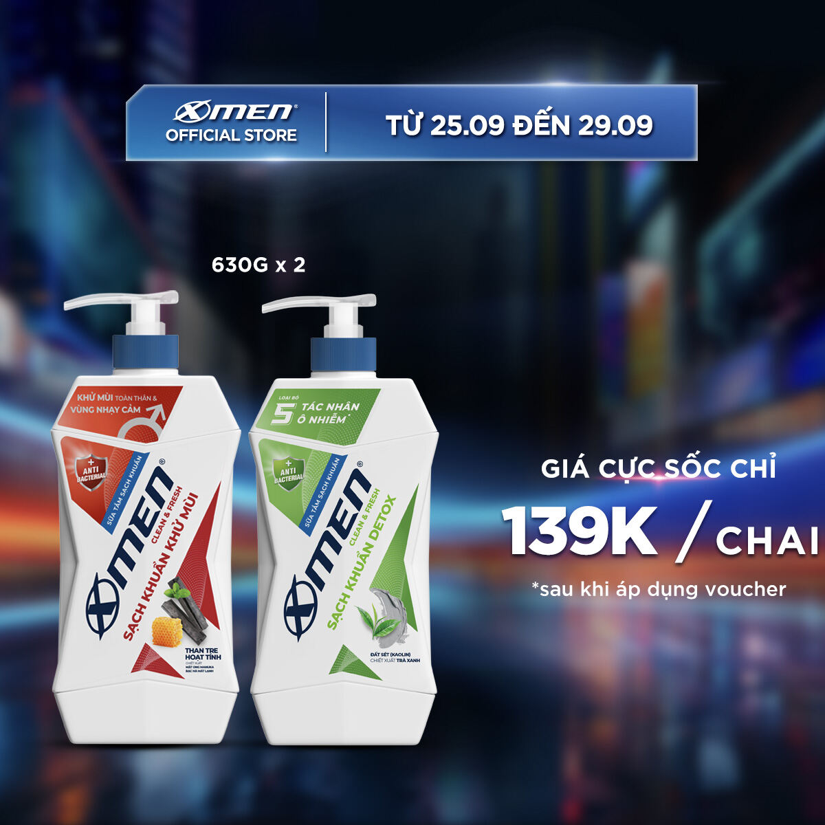 [GIÁ CHỈ 278k]Combo Sữa Tắm XMEN Clean & Fresh Sạch Khuẩn Khử Mùi 630G + Sữa Tắm XMEN Clean & Fresh 