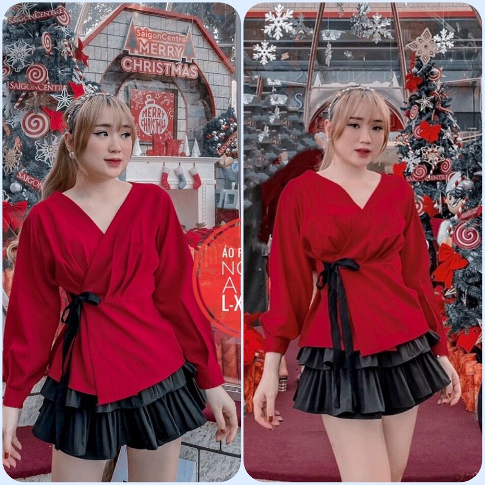 50-90kg áo đỏ đắp chéo cột nơ eo ad68