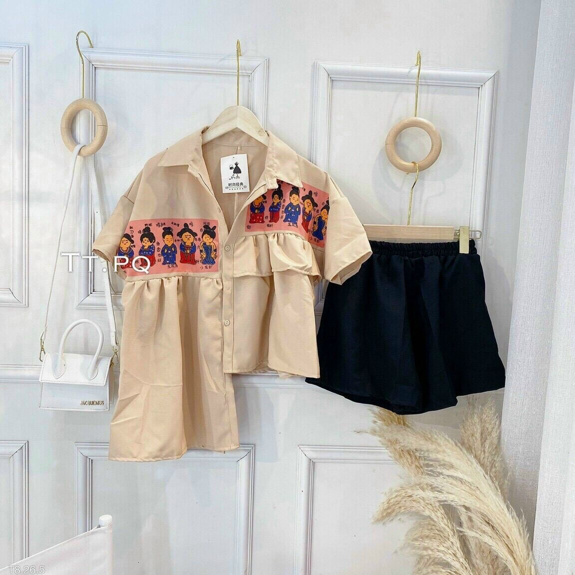 Set bộ đùi áo sơ mi lệch tà phối quần đùi lưng thun