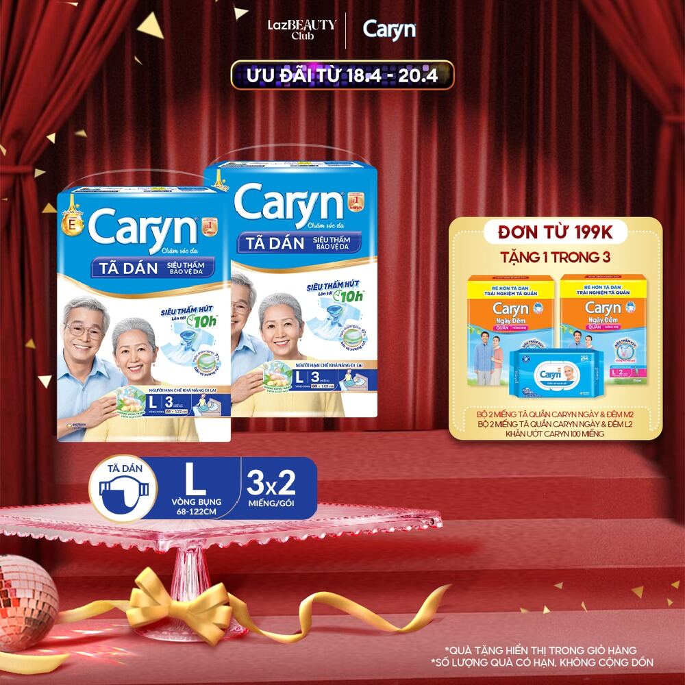 Combo 2 Tã Dán Caryn siêu thấm chống tràn dành cho người hạn chế khả năng vận động size L gói 3 miếng [Bao bì thay đổi theo từng đợt nhập hàng]