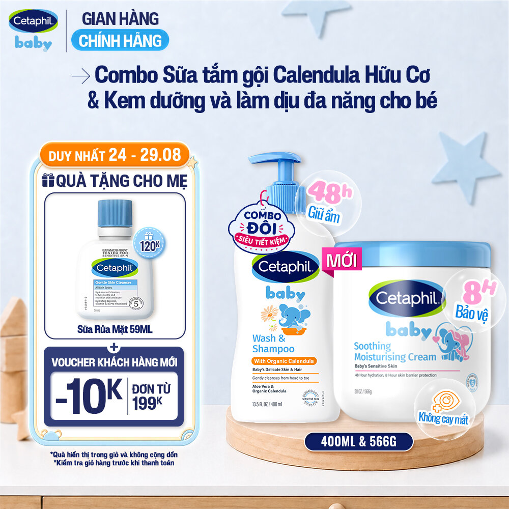 Combo Sữa tắm dưỡng ẩm dịu lành cho bé với Calendula hoa cúc hữu cơ CETAPHIL BABY WSHAMPOO CALENDULA 400ML  Kem làm dịu và dưỡng ẩm cho bé Cetaphil Baby Soothing  Moisturising Cream hũ 566g