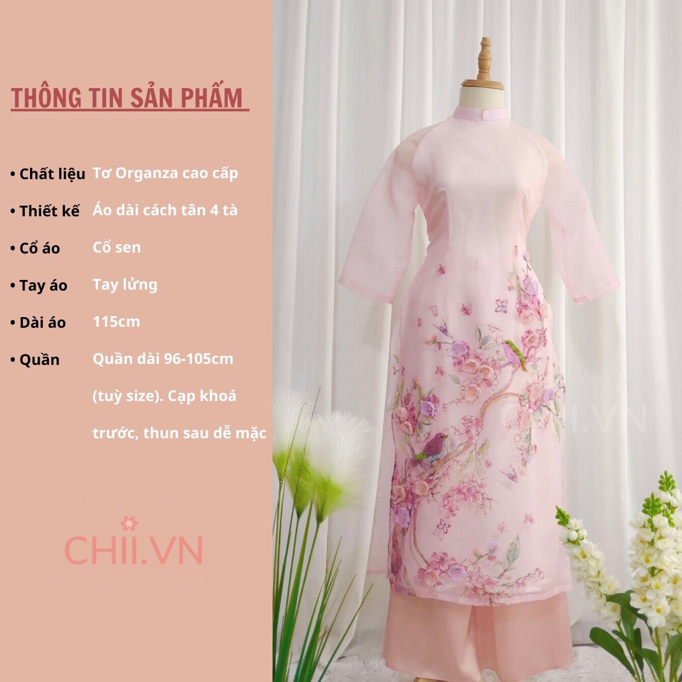 Áo Dài Cách Tân Đính Hoa Nổi Kết Hạt Thủ Công, Áo Dài Tơ Organza 4 Tà Hoạ Tiết Hoa Đào Màu Hồng Đẹp Hàng Cao Cấp