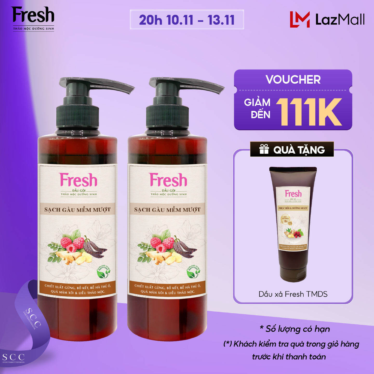 Combo 2 Dầu gội Fresh Thảo mộc dưỡng sinh Sạch gàu mềm mượt giúp sạch gàu, giảm xơ rối 480g/chai