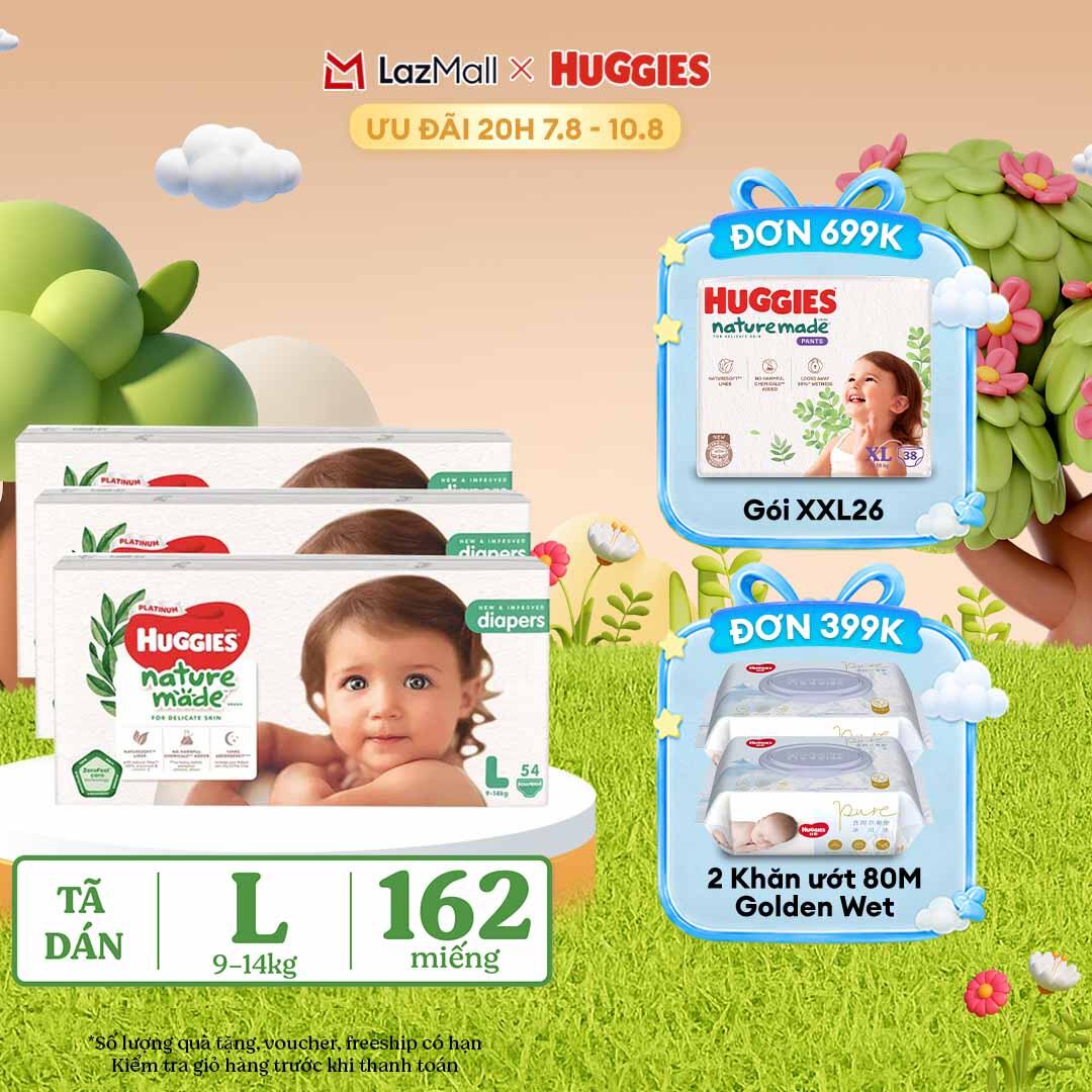 [20h 7-10.8 QUÀ TẶNG ĐƠN 399K] Combo 3 Tã/Bỉm dán HUGGIES PLATINUM NatureMade L54 (9-14kg)-Gói Jumbo 54 miếng